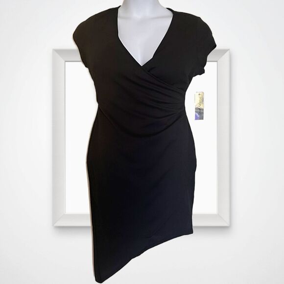 BLACK BODYCON ASYMMETRICAL RUCHED DRESS SURPLICE NECKLINE SIZE LARGE - Picture 1 of 8